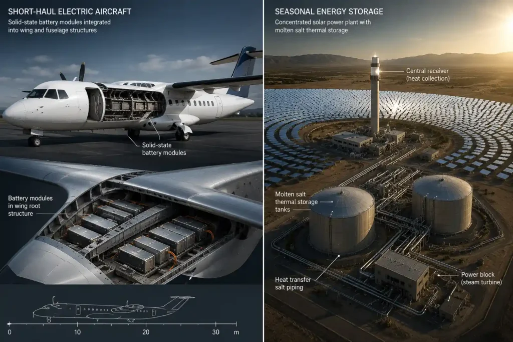 Future energy storage systems showing a short-haul electric aircraft with battery modules and a concentrated solar power plant with molten salt thermal storage.
