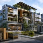 Futuristic sustainable design research building with solar glass, timber structure, modular facade panels, green roofs, rainwater systems, and visible low-carbon material samples.