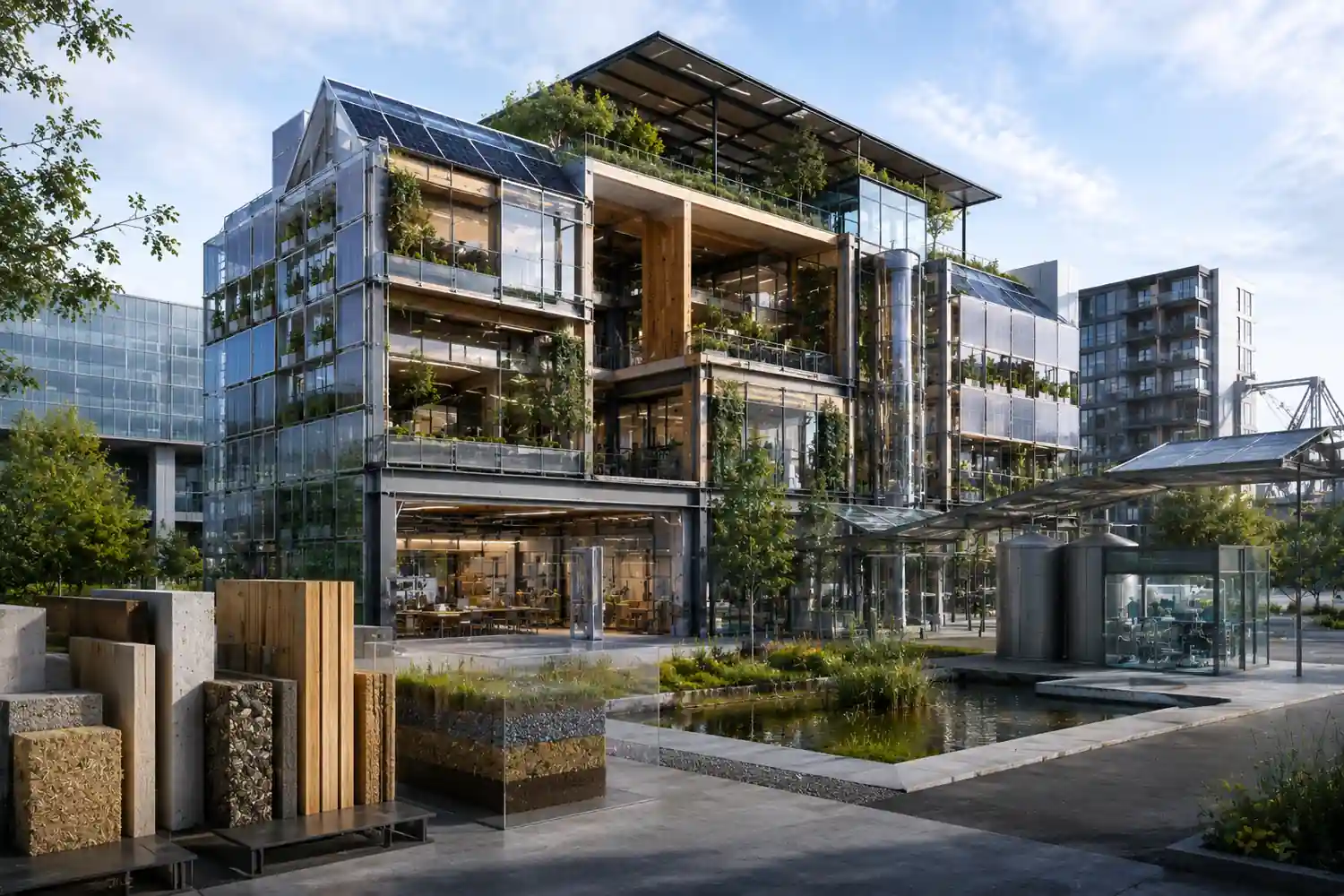 Futuristic sustainable design research building with solar glass, timber structure, modular facade panels, green roofs, rainwater systems, and visible low-carbon material samples.