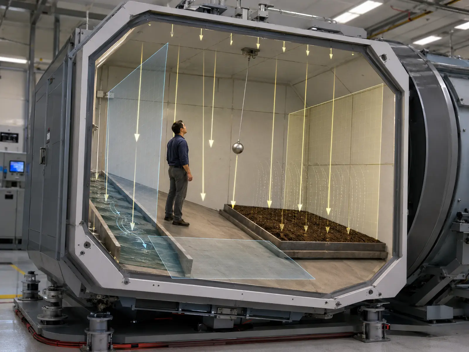 Gravitational field vector shown inside a controlled chamber with a person, water channel, soil tray, suspended test mass, and arrows indicating the local direction of gravity.