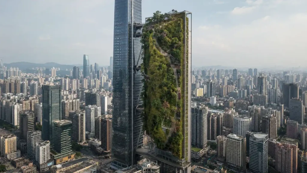 Gravity-defying vertical park megastructure standing beside a skyscraper in a dense city, showing a 200-meter green wall with full tree canopy and elevated walking paths.