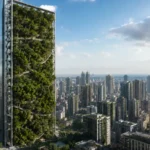 Gravity-defying vertical parks rising beside skyscrapers in a dense city, with full tree canopy, elevated paths, and large green park walls integrated into the skyline.