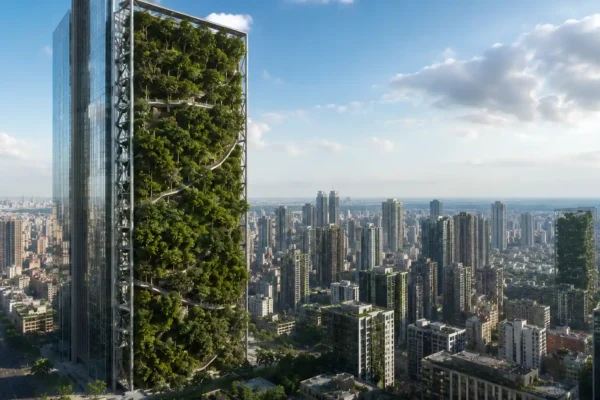 Gravity-defying vertical parks rising beside skyscrapers in a dense city, with full tree canopy, elevated paths, and large green park walls integrated into the skyline.