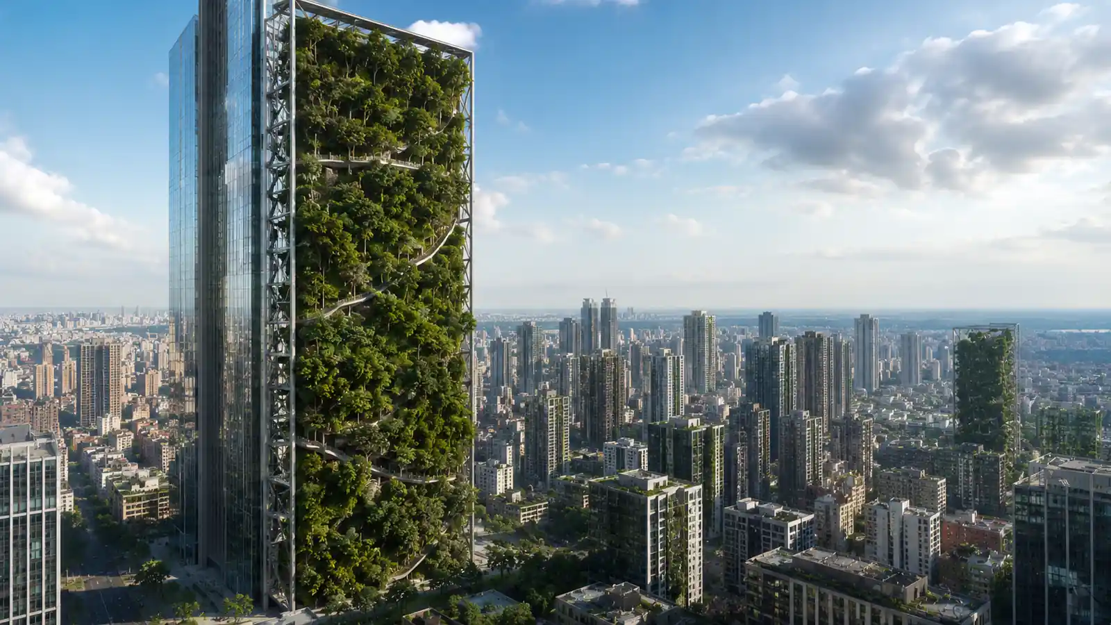 Gravity-defying vertical parks rising beside skyscrapers in a dense city, with full tree canopy, elevated paths, and large green park walls integrated into the skyline.
