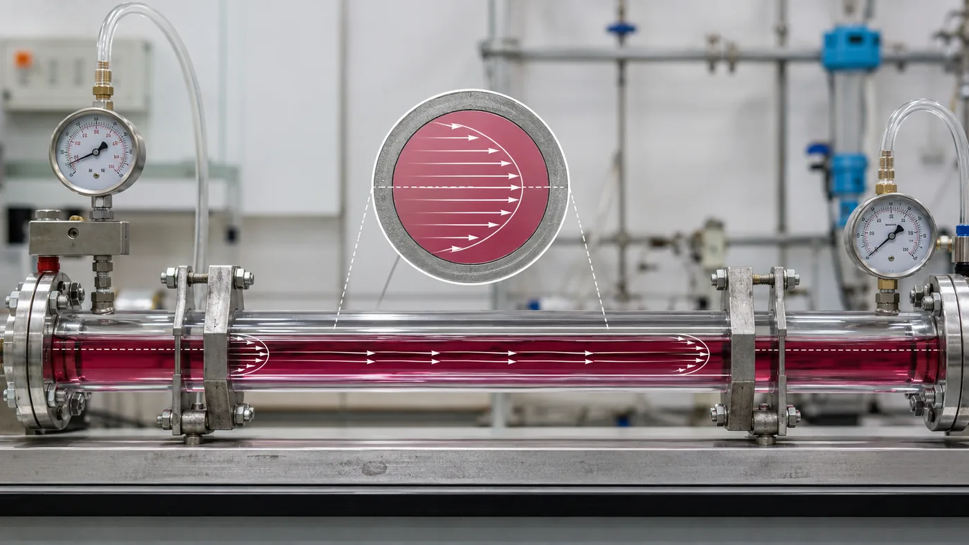 Hagen-Poiseuille flow in fluid mechanics shown in a transparent capillary test rig with pressure gauges, centerline flow arrows, and a parabolic velocity profile