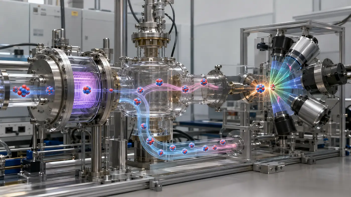 Helium-3 in nuclear physics shown inside an isotope separation and detector apparatus with particle paths and fusion-stage interactions