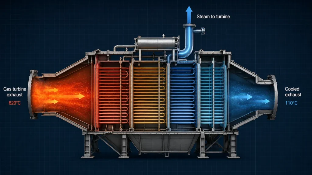 Heat recovery steam generator cutaway with hot turbine exhaust entering tube banks, steam rising to a secondary turbine, and cooled exhaust leaving the unit