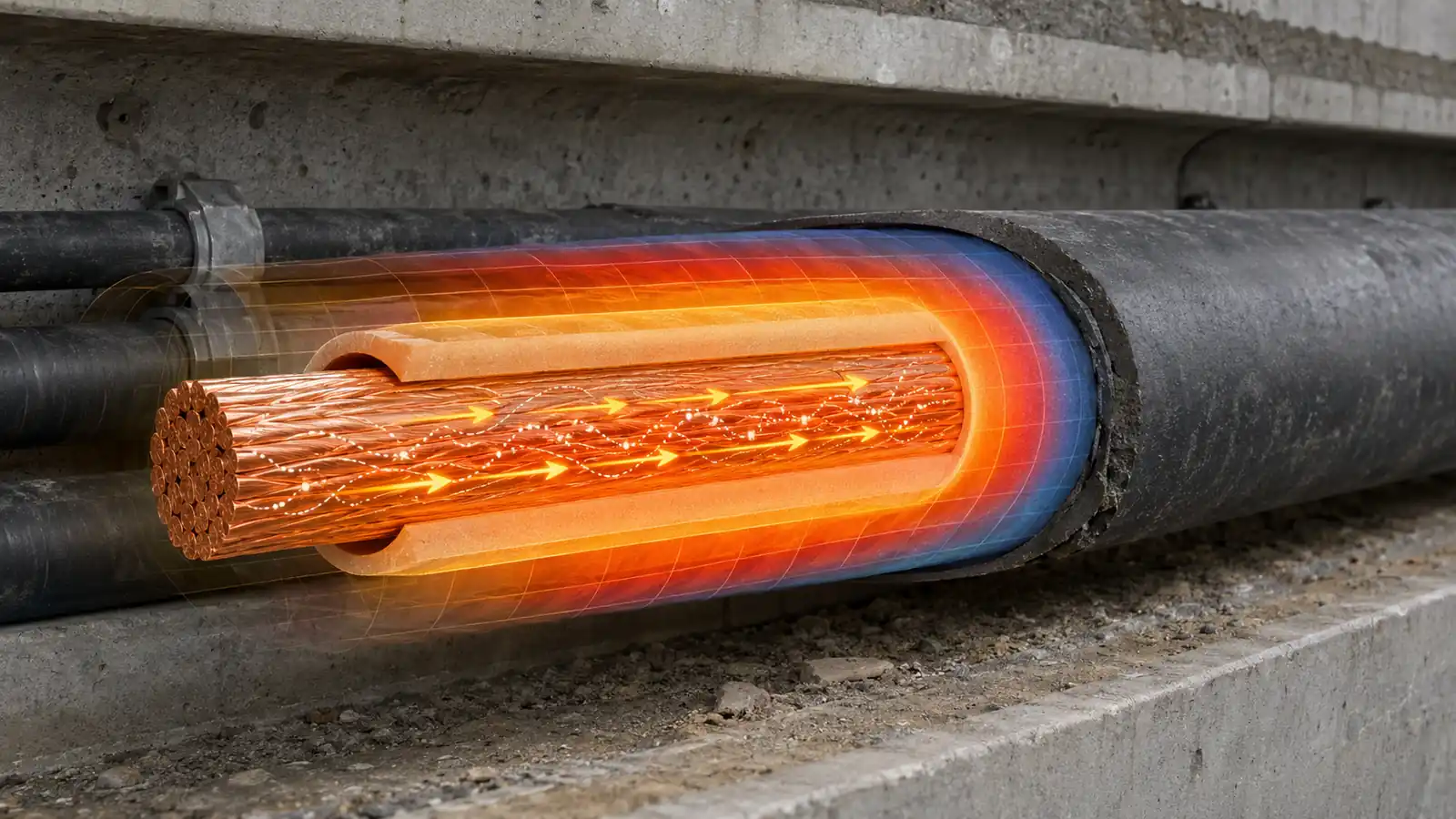 Joule heating in an energized copper cable cutaway showing current flow, electron scattering, and heat spreading through insulation into an urban utility conduit.
