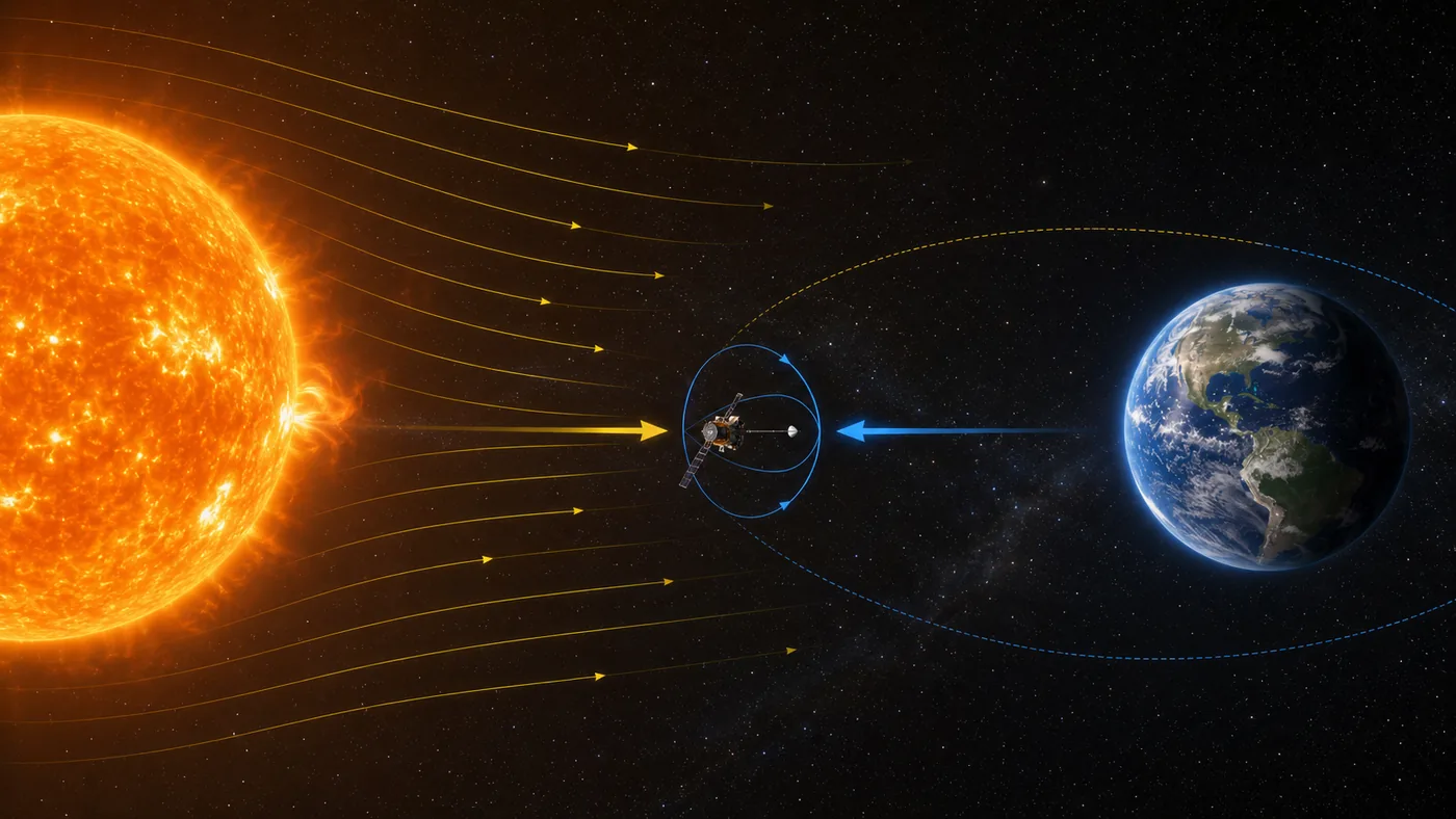 L1 Lagrange point in orbital mechanics shown between the Sun and Earth with a spacecraft, halo orbit, force balance arrows, and incoming solar wind