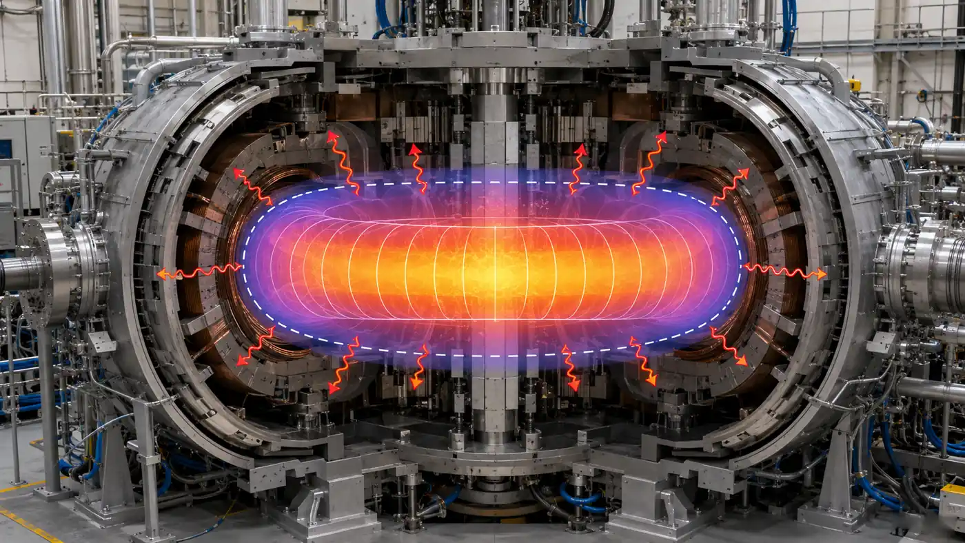 Lawson criterion in plasma physics shown in a fusion test chamber cutaway with a hot plasma ring, magnetic coils, confinement boundary, density regions, and heat-loss arrows