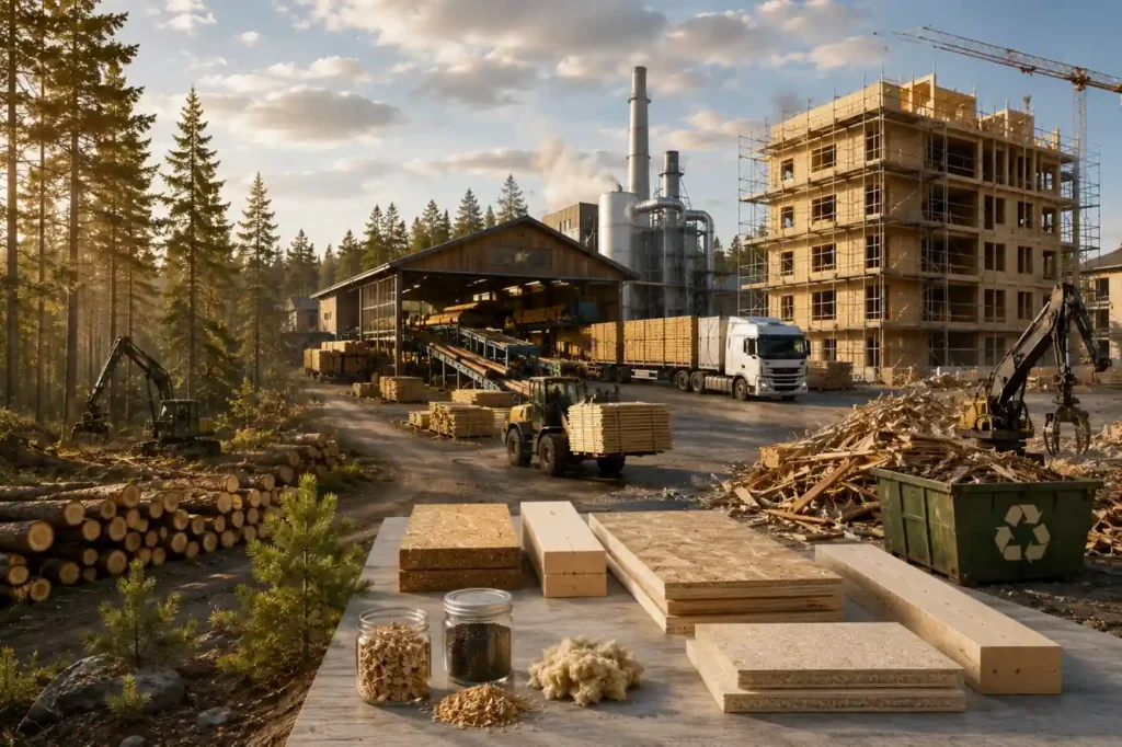 Lifecycle assessment in sustainable design shown through timber material flow from forest harvesting and sawmill processing to building construction and recycling.