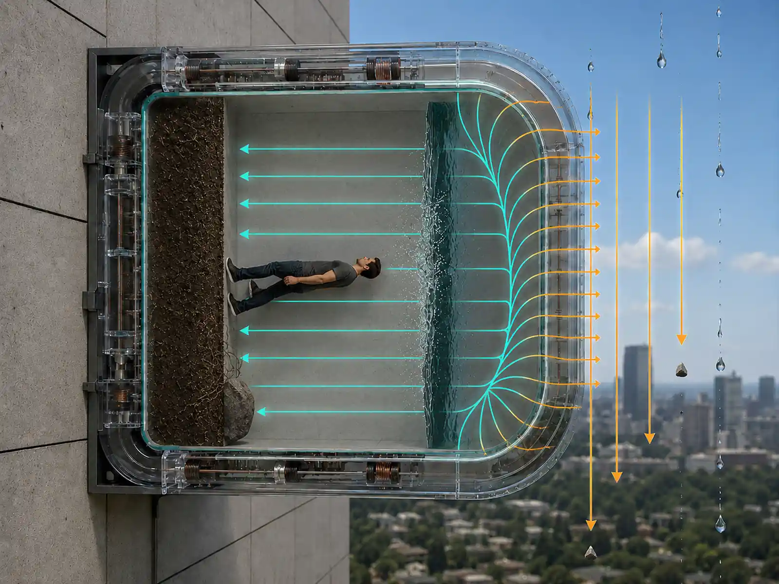 Localized gravitational field boundary inside a wall-mounted test chamber, with the internal scene rotated 90 degrees relative to the outside world and normal gravity acting beyond the enclosure.