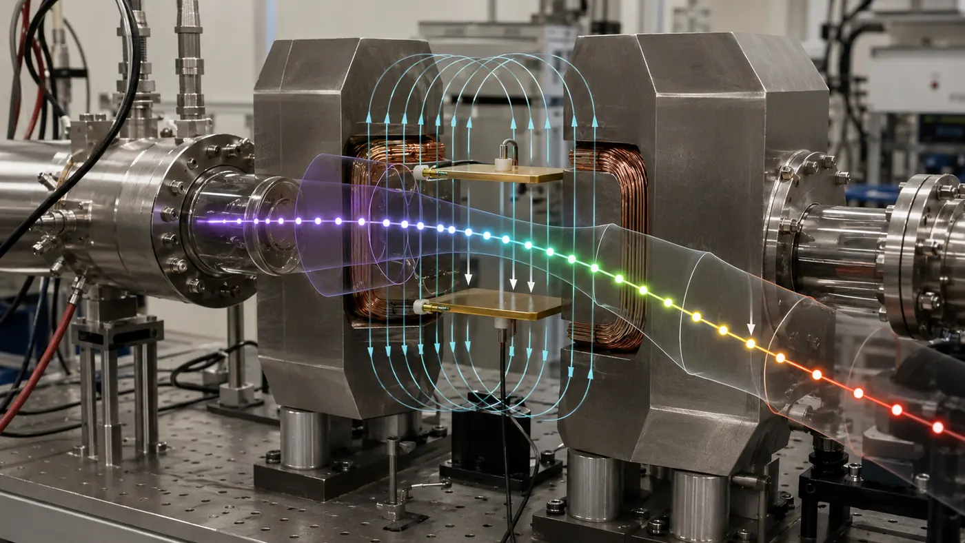 Lorentz force in electromagnetic physics shown as a charged particle beam bending between magnet poles and electric plates