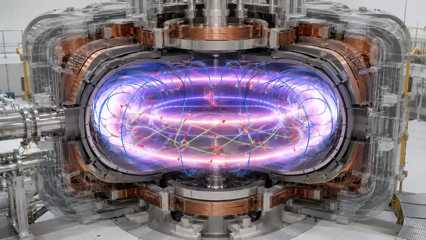 Magnetic confinement in plasma physics shown in a toroidal fusion chamber cutaway with glowing plasma, magnetic field loops, spiral ion paths, and surrounding coil structure