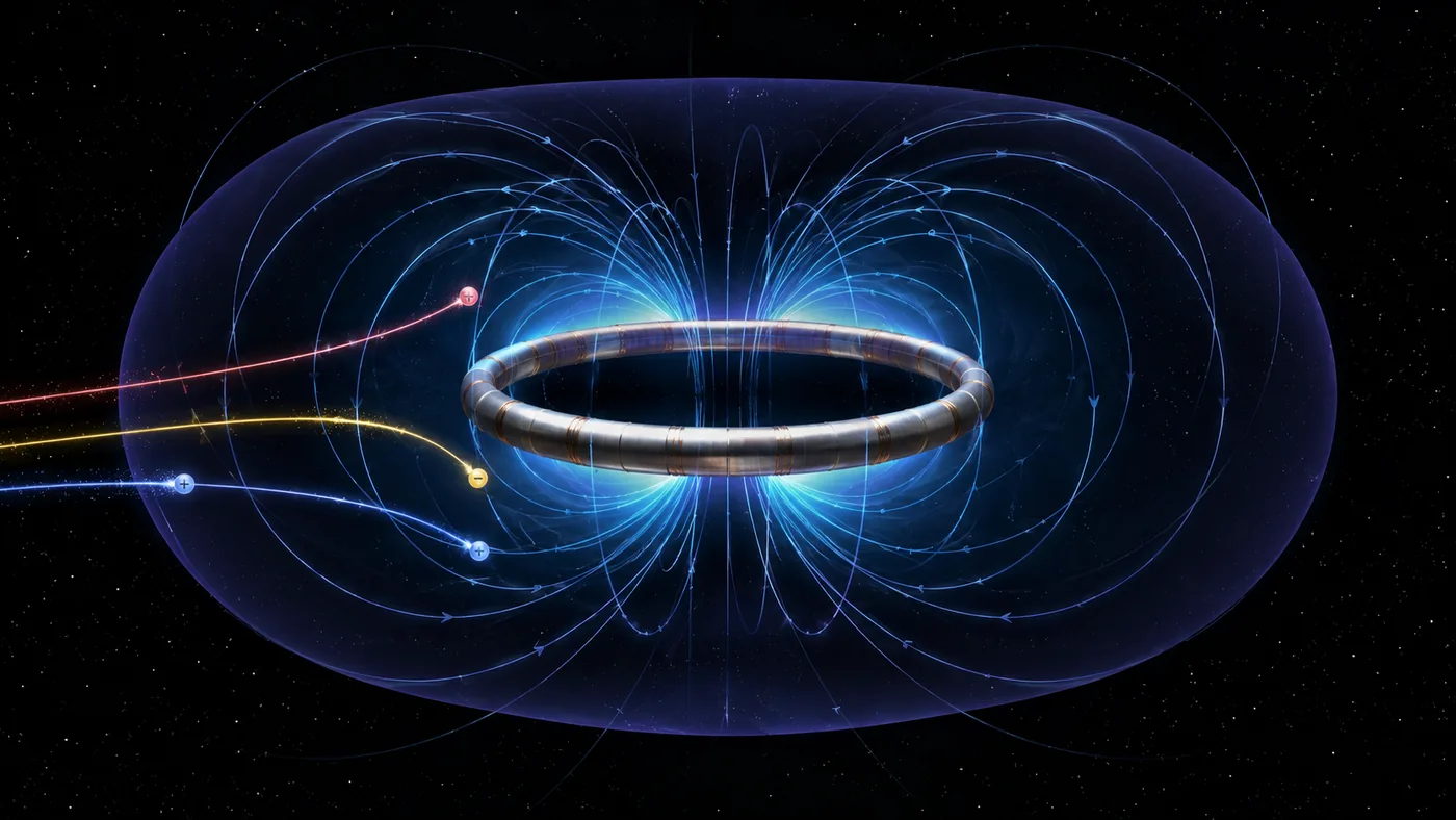 Magnetic dipole field in electromagnetism shown around a superconducting ring coil with curved field lines and deflected charged particles