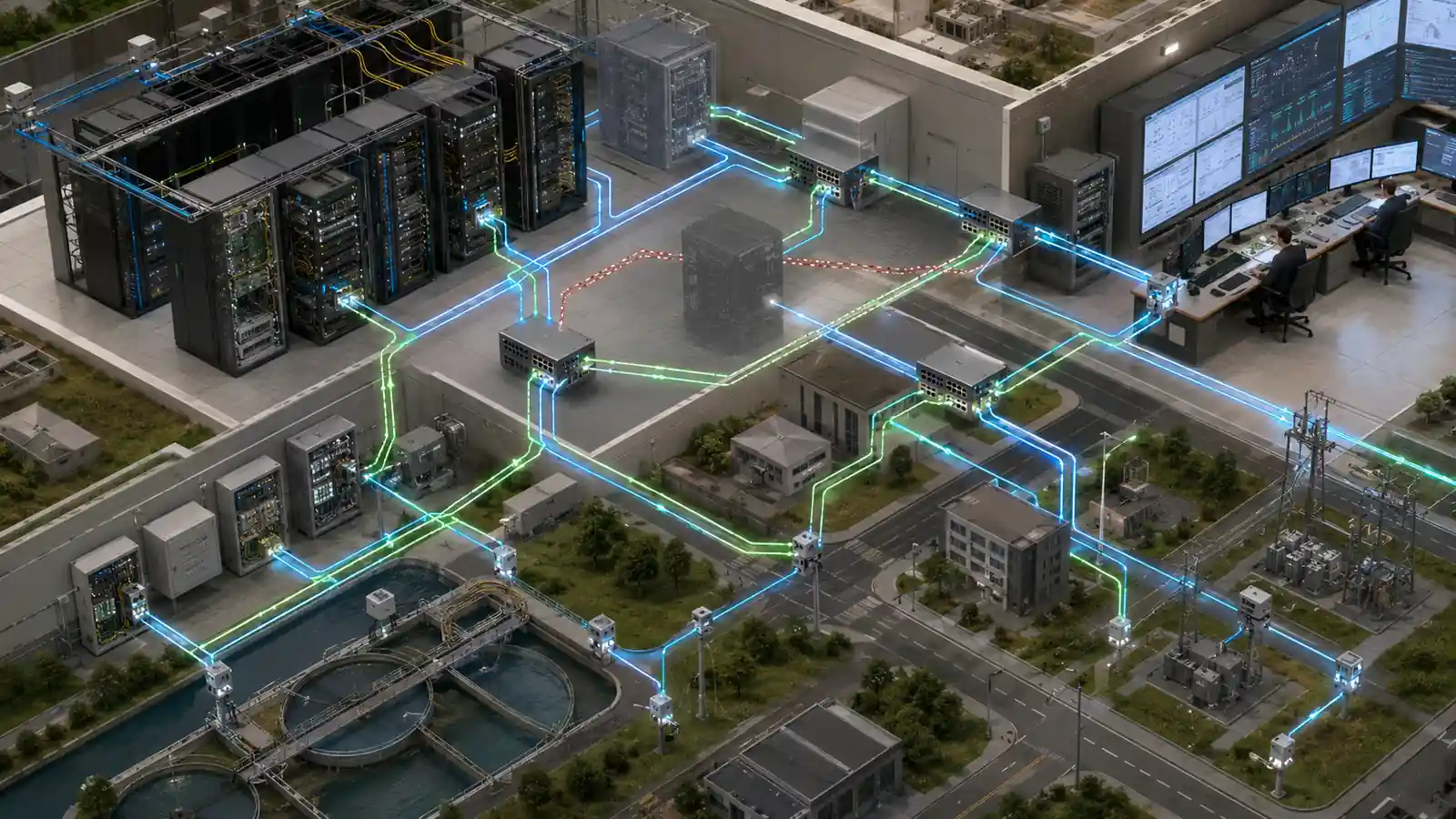Mesh topology network showing interconnected routers, sensors, control modules, and alternate routing paths around a failed node.