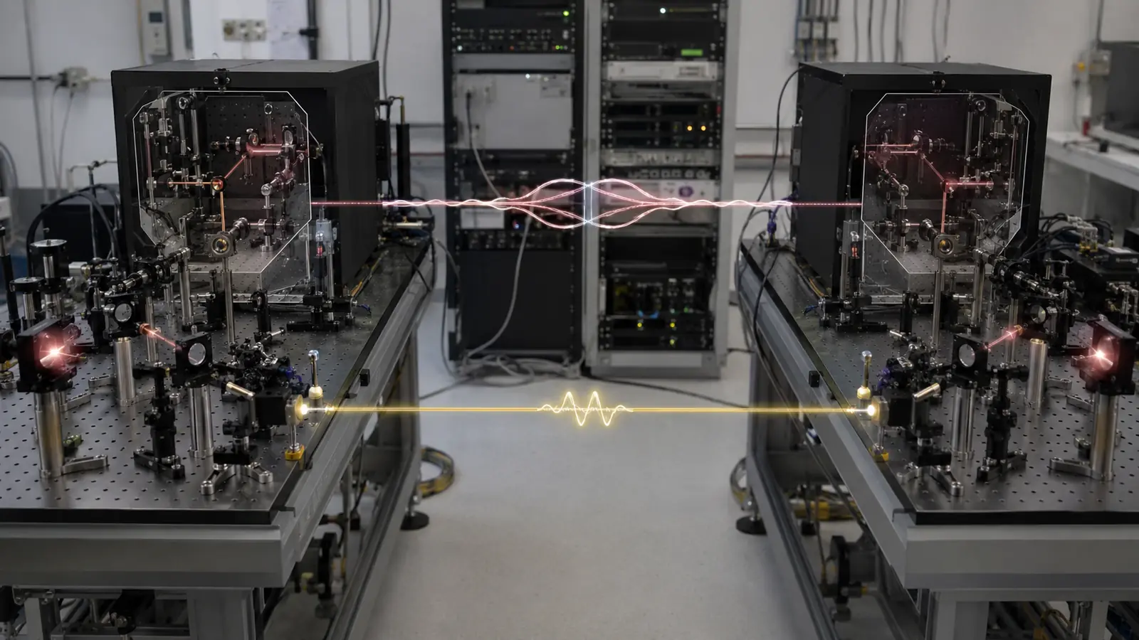 No-communication theorem shown with two separated quantum measurement stations, entangled photon detectors, paired particle paths, and a delayed classical signal line.