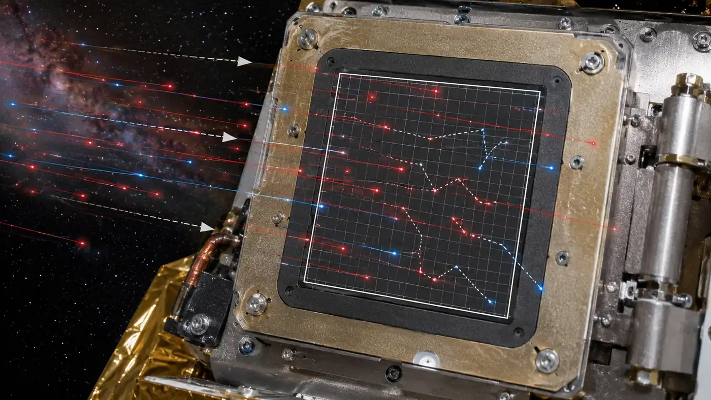 Particle flux in plasma physics shown as charged particles crossing a spacecraft sensor plate and interacting with a measurement area