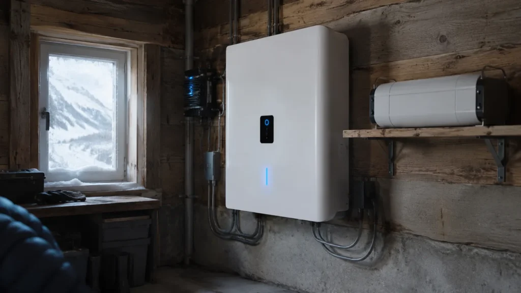 Personal fusion energy cell installed in a remote mountain cabin utility room, with a wall-mounted white unit, blue status glow, and sealed fuel cartridge on a wooden shelf
