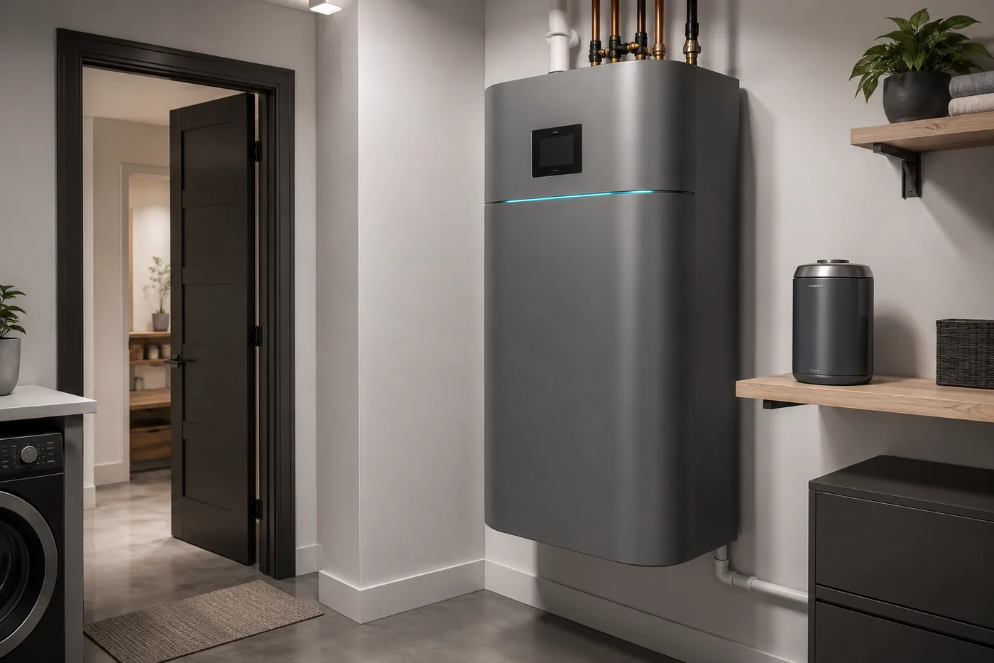 Personal fusion energy cell installed in a modern home utility room with a wall-mounted matte grey power unit, status strip, touchscreen panel, and nearby fuel cartridge