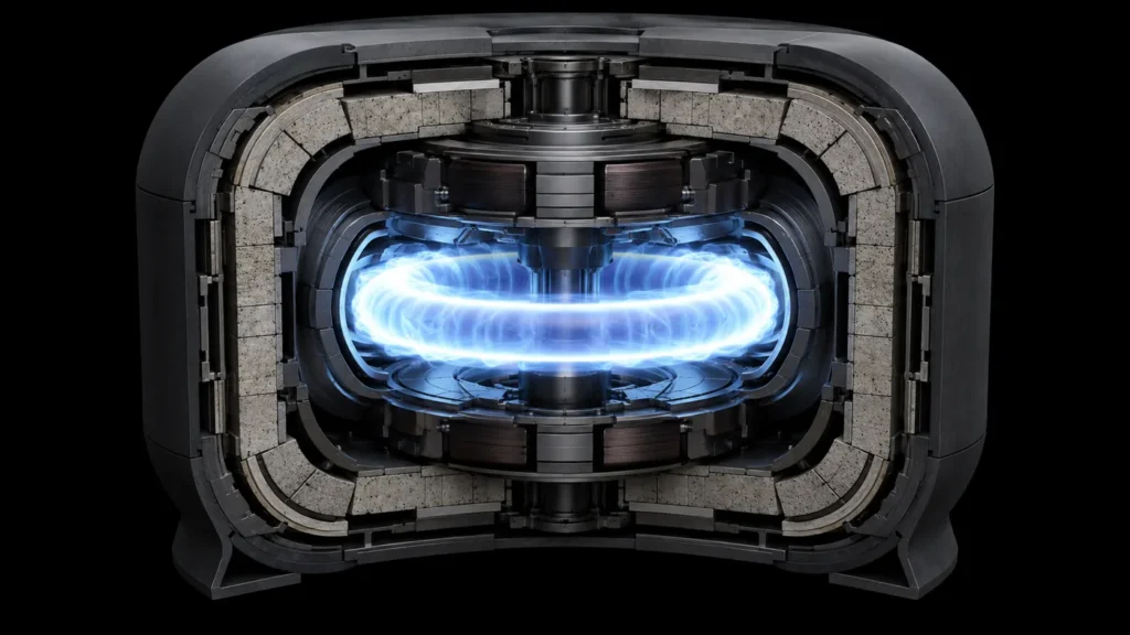 Personal fusion energy cell plasma chamber cutaway with toroidal plasma ring, superconducting magnet coils, lithium breeding blanket, and outer shielding
