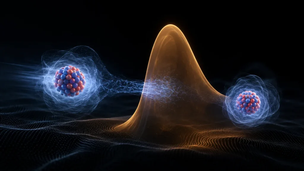 Deuterium and tritium nuclei approaching an energy barrier with overlapping quantum wave regions, illustrating tunneling in a personal fusion energy cell