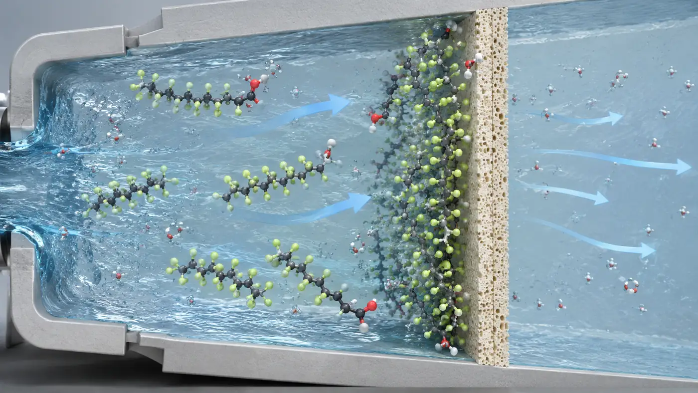 PFAS in environmental chemistry shown as fluorinated molecular chains moving through a water treatment filter channel and collecting at a membrane surface while clean water passes through