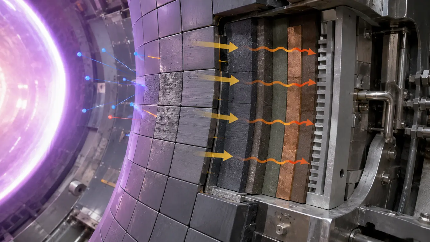 Plasma-facing materials in materials science shown as a fusion chamber wall cutaway with tungsten tiles, particle impacts, heat flow, and layered backing structure