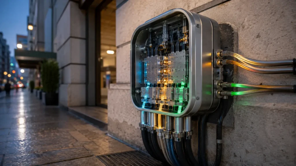 Quantum city building power node mounted on an exterior wall with glowing energy, communication, and sensing conduits entering the building.