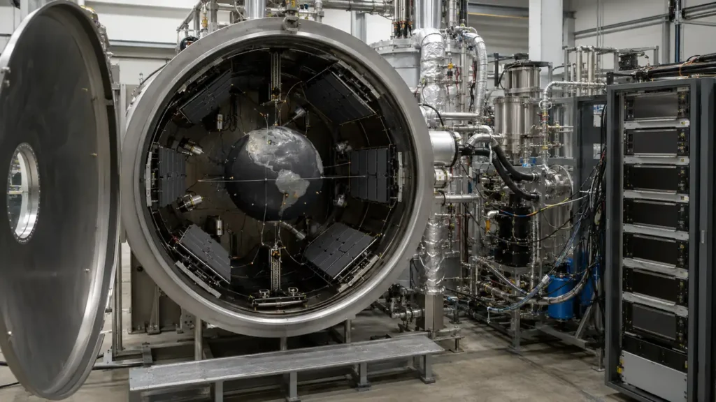 Quantum Climate Stabilizer test chamber with an Earth model, infrared control panels, sensors, pipes, and rack hardware for thermal flux research