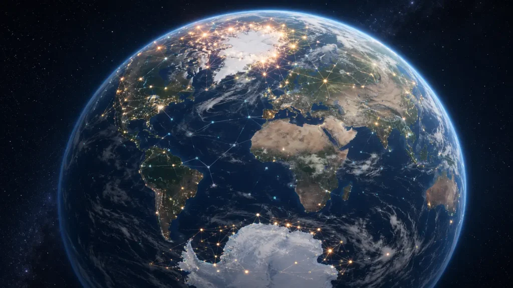Global Quantum Climate Stabilizer network expanding from polar regions, with connected deployment nodes across Earth showing the path from test systems to planetary coordination