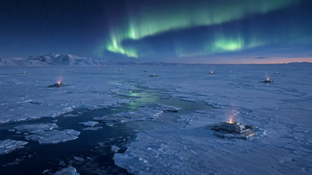 Quantum Climate Stabilizer network deployed across Arctic sea ice, with low emission units on the frozen surface beneath an aurora-lit polar sky