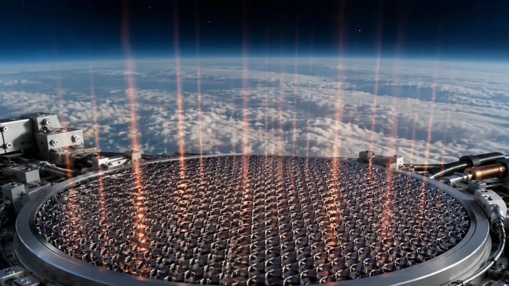 Quantum Climate Stabilizer quantum radiator with a nanostructured emitter surface sending infrared emission through the atmospheric window above Earth