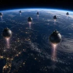 Quantum Climate Stabilizers suspended above Earth’s night side, forming a planetary network over storm systems, city lights, and the curved horizon.