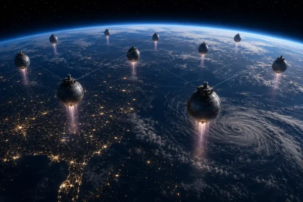 Quantum Climate Stabilizers suspended above Earth’s night side, forming a planetary network over storm systems, city lights, and the curved horizon.
