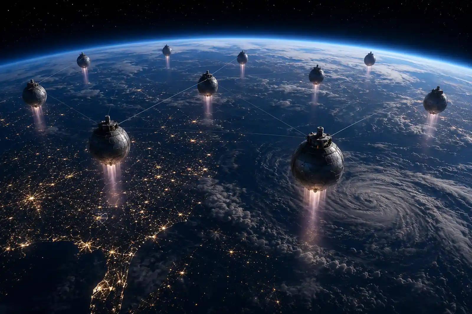 Quantum Climate Stabilizers suspended above Earth’s night side, forming a planetary network over storm systems, city lights, and the curved horizon.