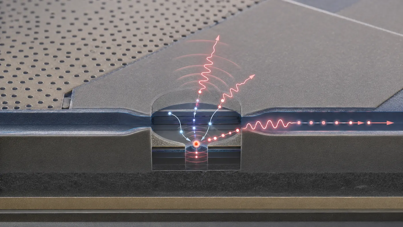 Quantum emitter in quantum photonics shown inside a nanostructured chip with photon wavefronts and an optical waveguide