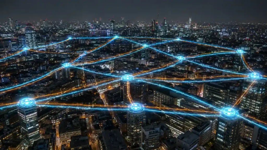 Quantum energy grid hybrid architecture over a night city with cyan entanglement links and amber classical control signals connecting routing nodes.