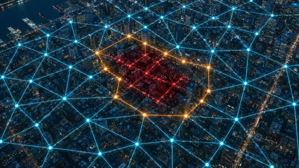 Quantum energy grid mesh over a city showing a failed red zone, active amber rerouting around the damage, and healthy cyan network links across the rest of the metropolis.
