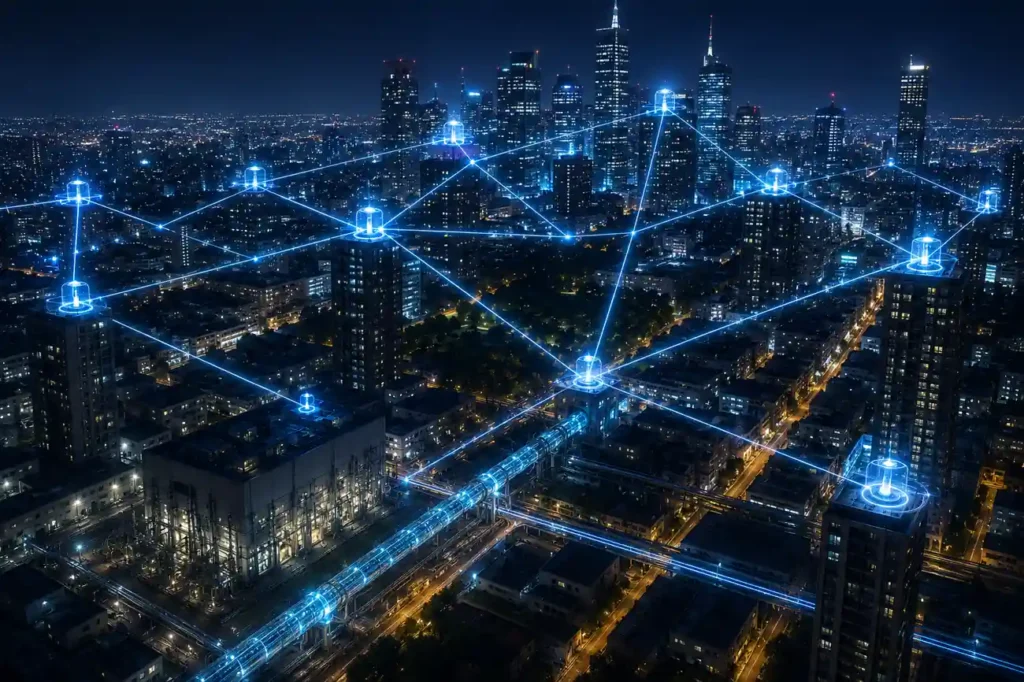 Quantum Energy Grid Systems over a night city with glowing cyan routing nodes connecting skyscrapers, substations, and street-level power infrastructure.