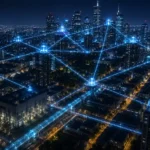 Quantum Energy Grid Systems over a night city with glowing cyan routing nodes connecting skyscrapers, substations, and street-level power infrastructure.