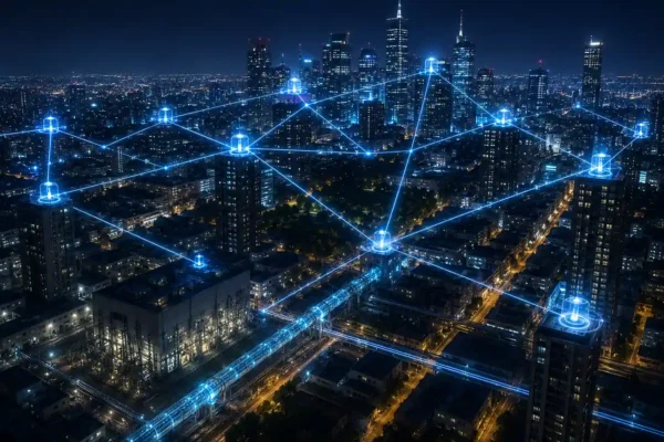 Quantum Energy Grid Systems over a night city with glowing cyan routing nodes connecting skyscrapers, substations, and street-level power infrastructure.