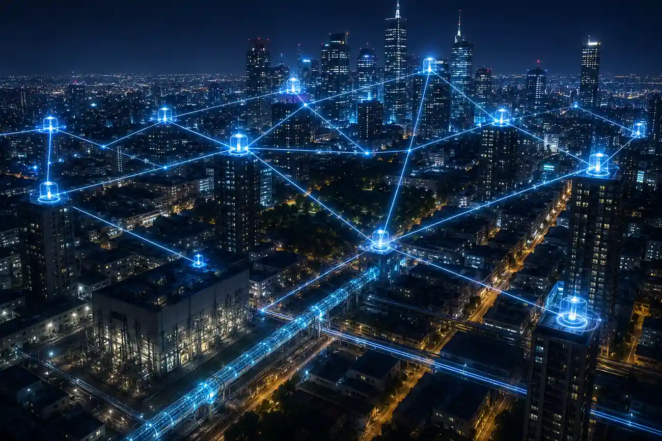 Quantum Energy Grid Systems over a night city with glowing cyan routing nodes connecting skyscrapers, substations, and street-level power infrastructure.