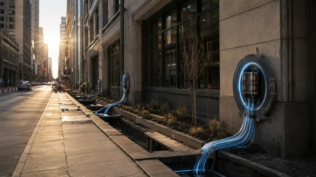 Quantum energy grid repeater nodes mounted along an urban block with glowing fiber conduits and trench installation work for metropolitan mesh expansion.