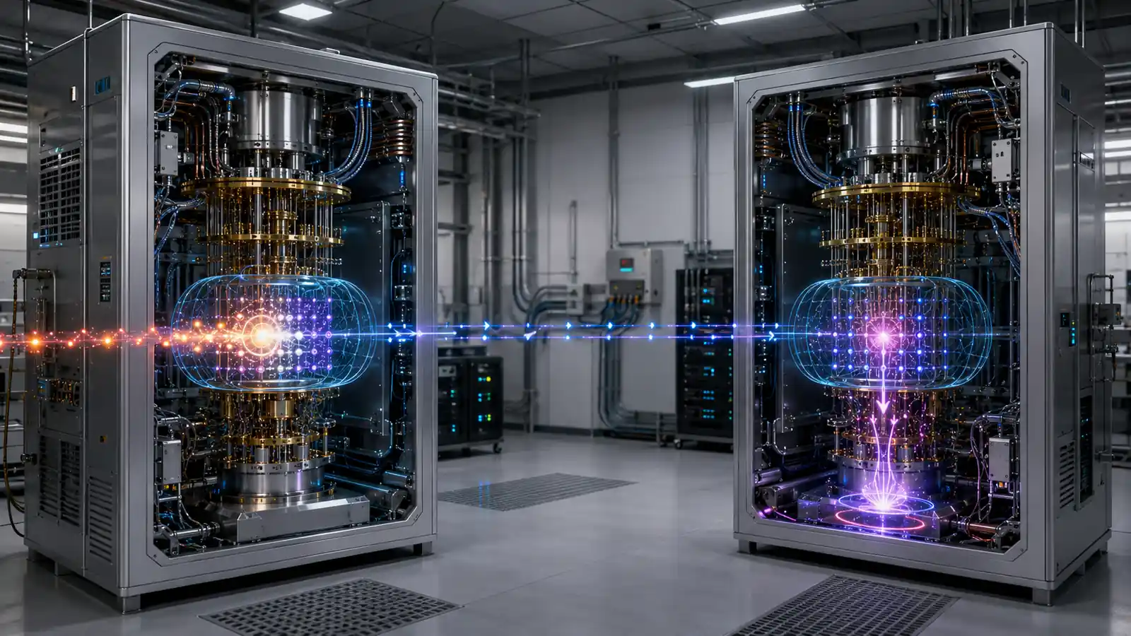Quantum energy teleportation shown with two cryogenic quantum devices connected by fiber, measurement at one node, and energy extraction at the other.