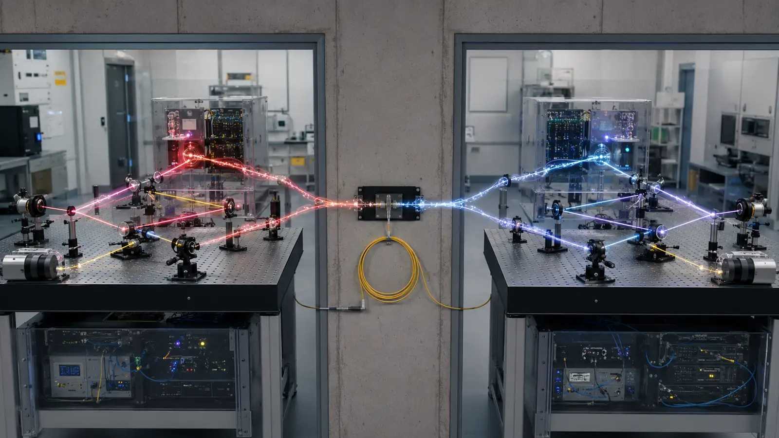 Quantum entanglement shown with two separated optical tables, entangled photon sources, detectors, paired particle trails, and correlated measurement paths.