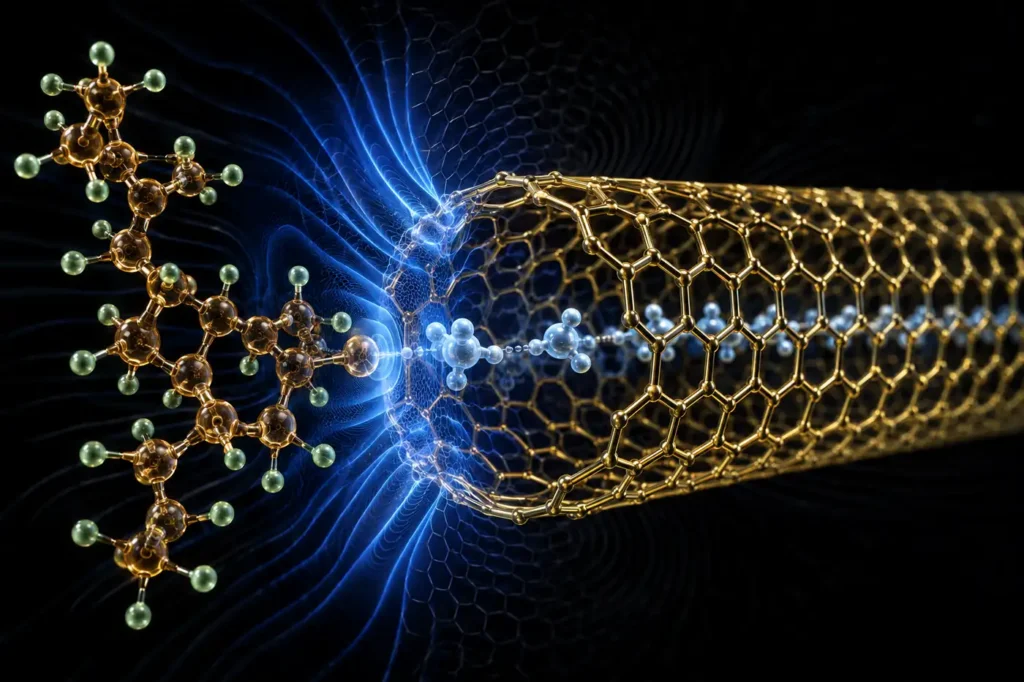 Quantum filtration carbon nanotube membrane with water molecules flowing through a nanotube channel while a PFAS molecule is rejected by wave function discrimination