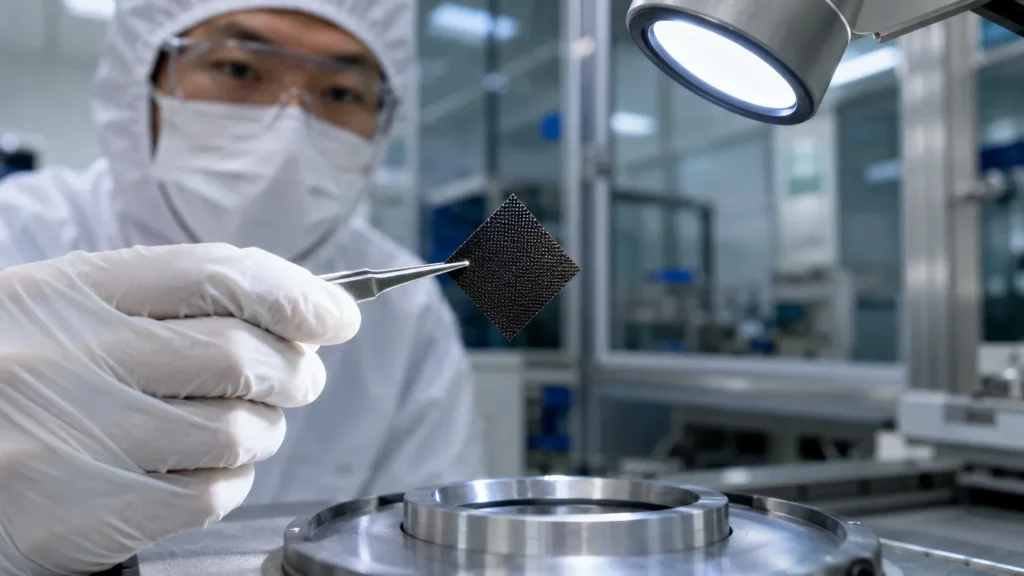 Researcher in a cleanroom holding a carbon nanotube membrane sample with tweezers under inspection light during quantum filtration development