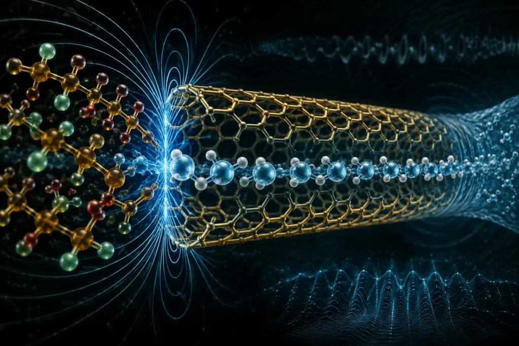 Quantum filtration systems shown as a carbon nanotube membrane allowing ordered water molecules through while repelling larger PFAS contaminants