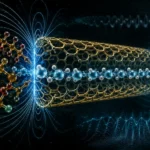 Quantum filtration systems shown as a carbon nanotube membrane allowing ordered water molecules through while repelling larger PFAS contaminants